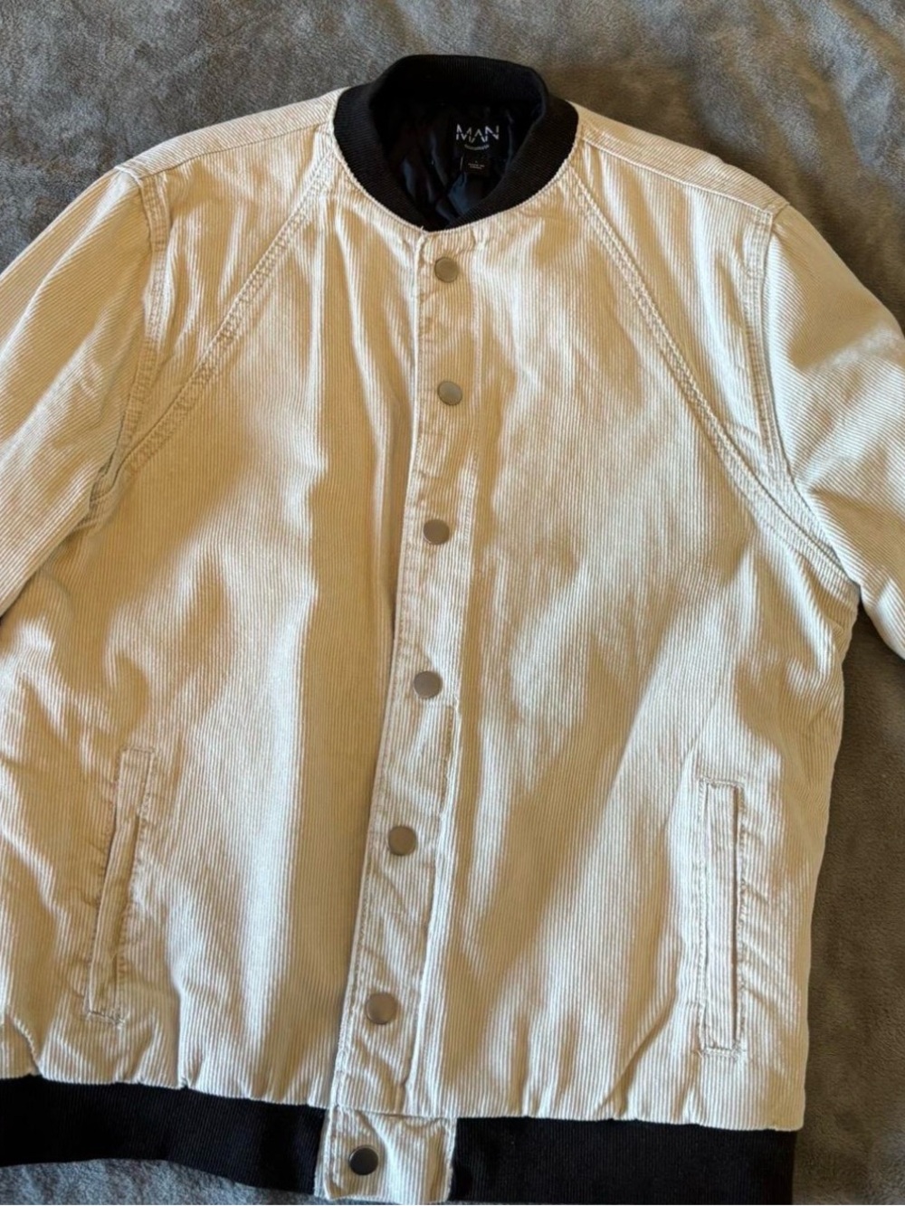Boohooman Cream Corduroy Bomber Jacket with Black Trim